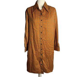 Vintage 70s Long Sleeve Shift Dress M Red Geometric Button Up Point Collar Shirt